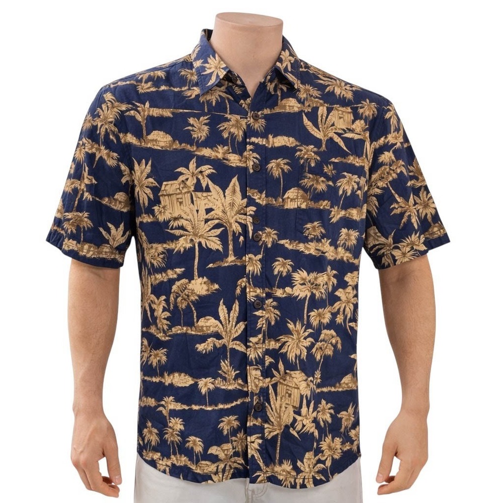 Cooke Street Hawaiian‎ Aloha Shirt Medium Palm Trees Huts Floral Dark Blue Brown